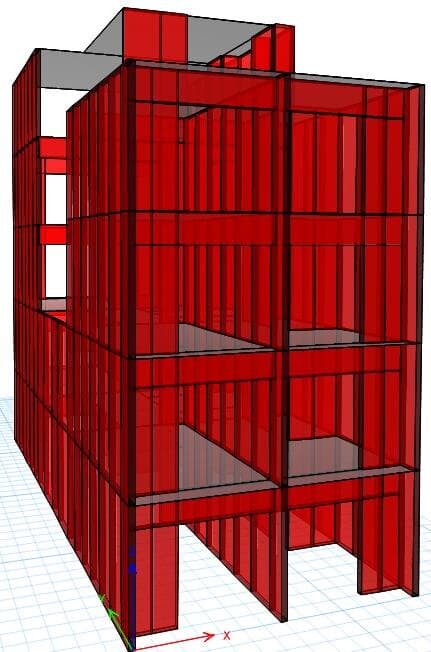Modelo tridimensional de análisis estructural de Monte Alegre Suites que muestra los muros de concreto